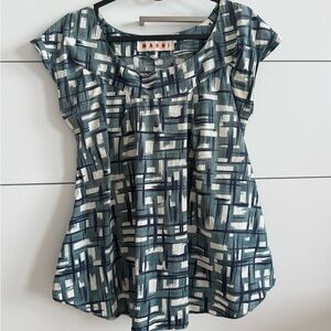 Marni Teal and White Abstract Cap-Sleeve Blouse